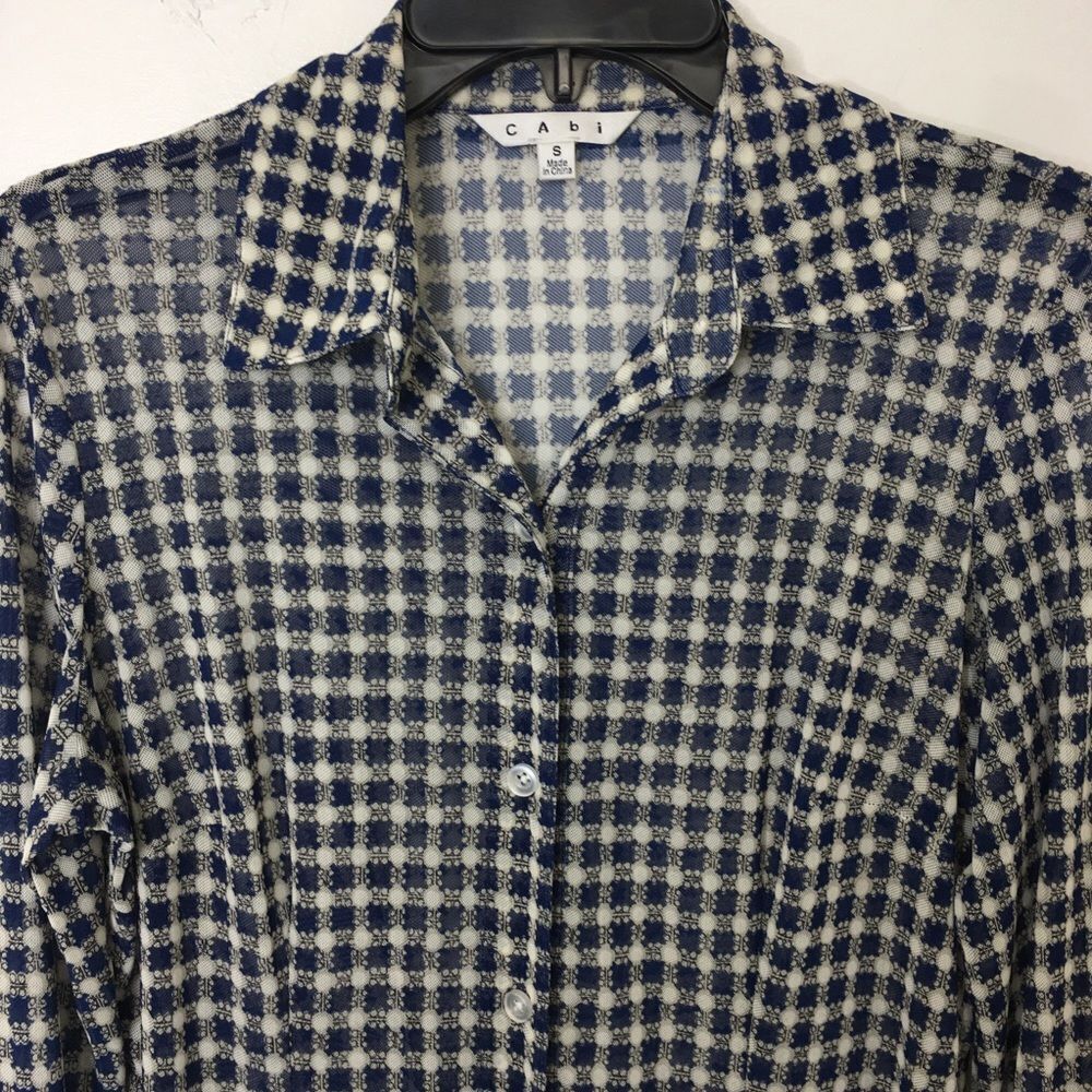 CAbi Womens Size S Blue White Checkered Button Down Shirt Hi Low Stretch Top - Picture 2 of 9